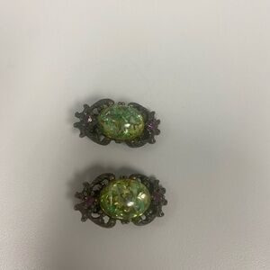 Elegant Green and Pink Vintage Clip-On Earrings